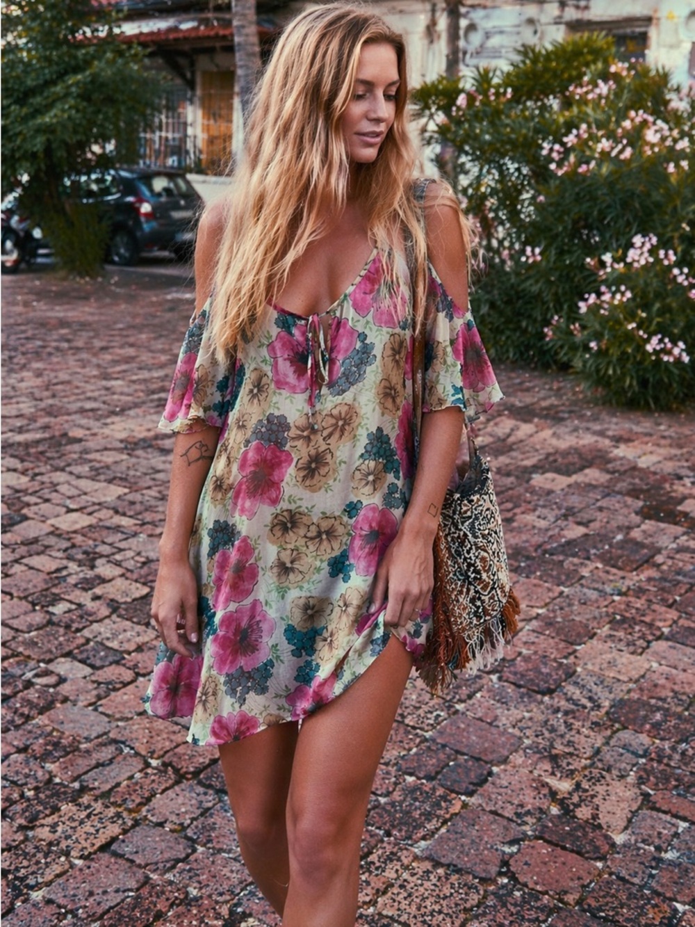 Floral Cold-Shoulder Tunic Dress - Pink & Green